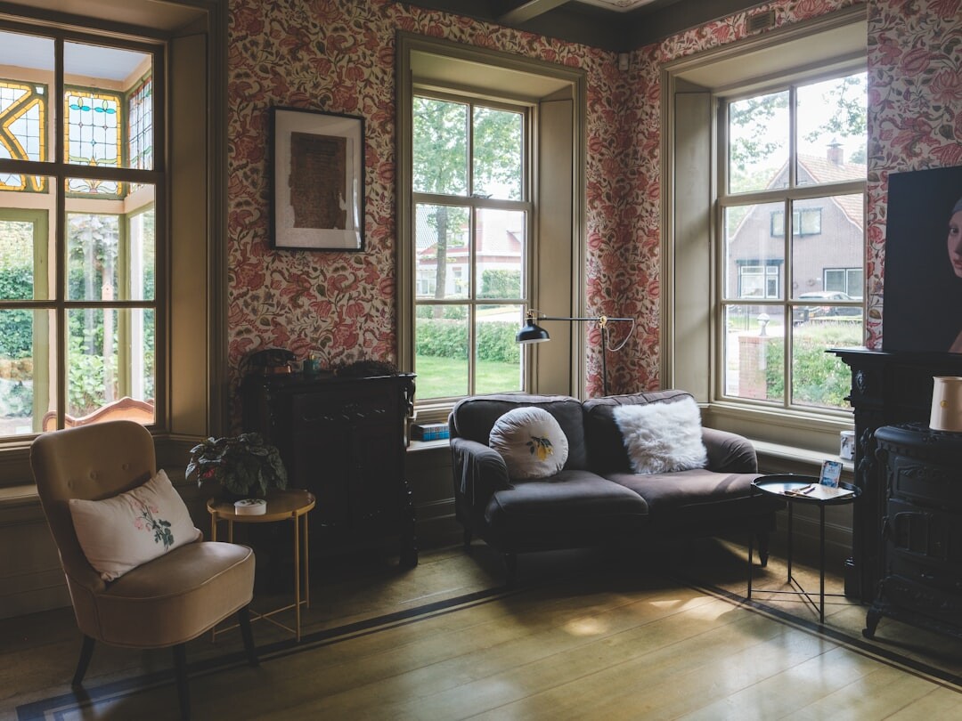 Retro 1980s style lounge interior with vintage furniture and warm colours